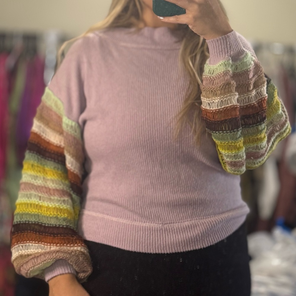 Free People Cha Cha Lilac Top w/ Balloon Knit Sleeves in Lilac - Picture 1 of 5